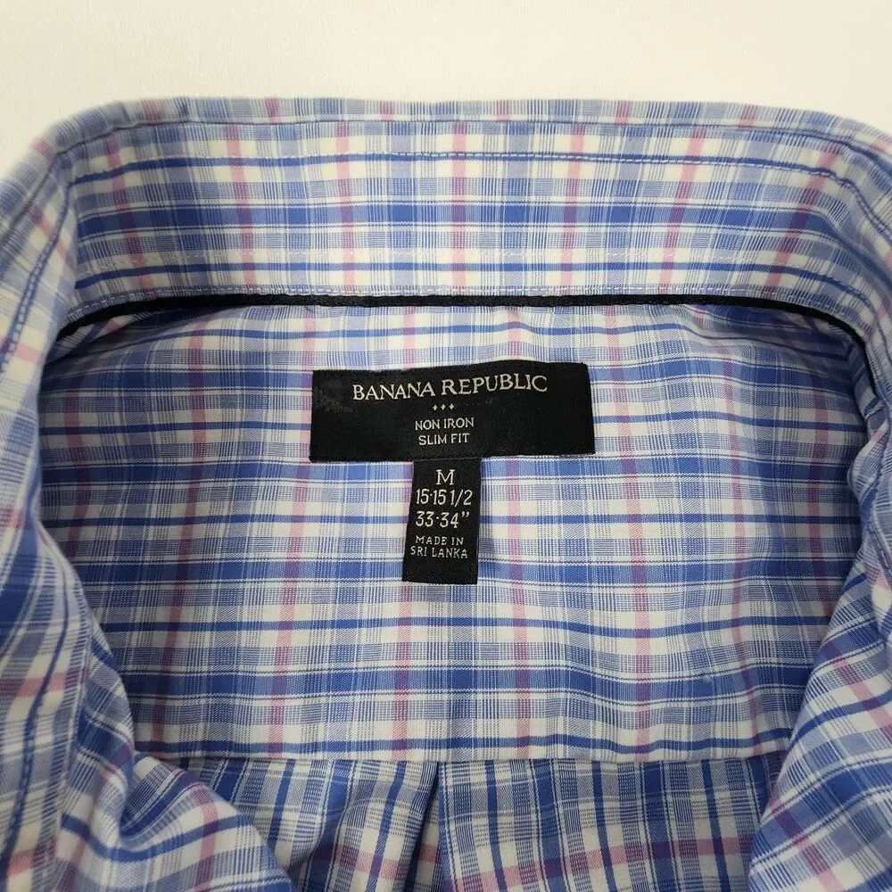Banana Republic Mens M 15 15.5 Blue Pink Plaid Non Iron Slim Fit Dress Shirt